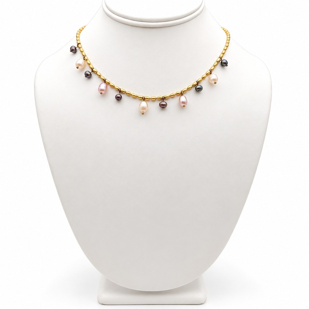 Avon Tricolor Freshwater Pearl Drop Necklace Gold Tone Adjustable 16-19 in